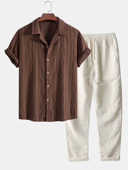 Cuban Collar Geometric Jacquard Shirt & Linen Pants